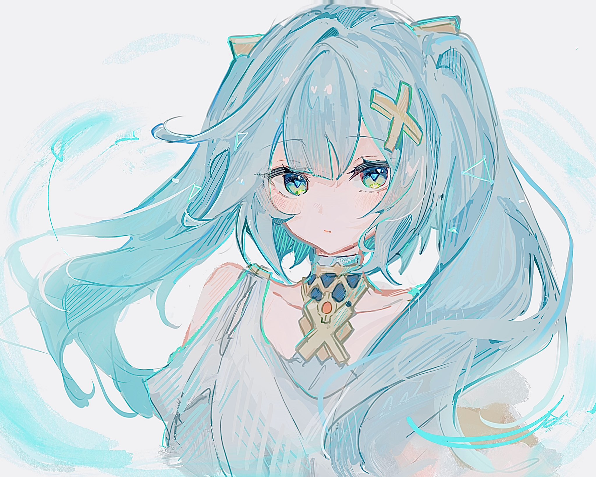faruzan (genshin impact), genshin impact, highres, 1girl, aqua hair, bare shoulders, closed mouth, clothing cutout, collarbone, dress, green eyes, hair ornament, jewelry, long hair, looking at viewer, ri pi o, shoulder cutout, simple background, solo, twintails, upper body, white background, white dress, x hair ornament