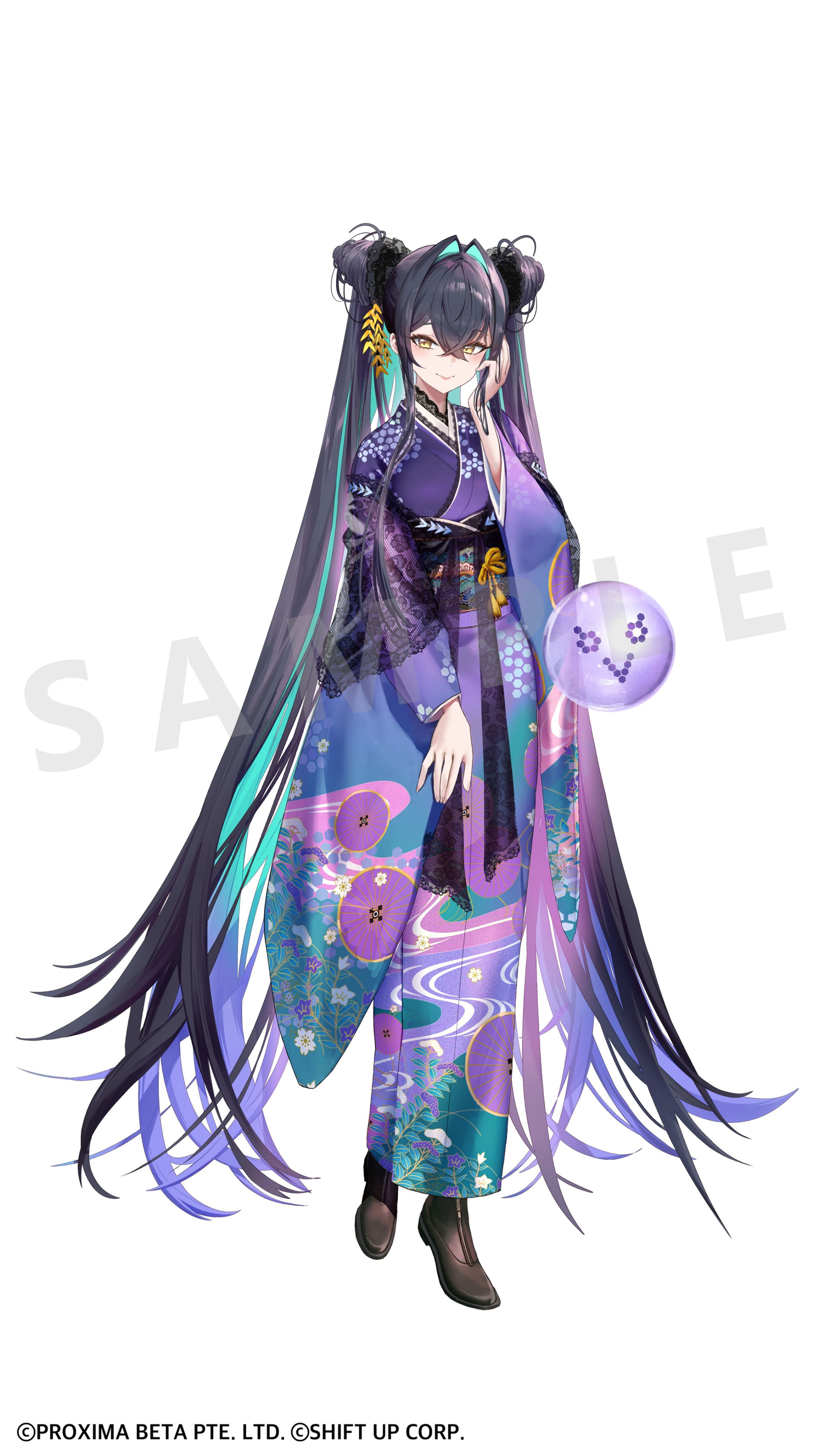 salmon88, little mermaid (nikke), goddess of victory: nikke, absurdres, highres, official art, 1girl, aqua hair, bubble, colored inner hair, floral print, floral print kimono, hair intakes, japanese clothes, kimono, long hair, multicolored hair, official alternate costume, print kimono, smile, solo, very long hair, yellow eyes