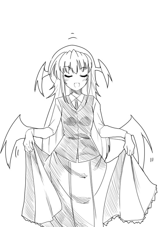 kiku hitomoji, tora tooru, toru tooru, koakuma, embodiment of scarlet devil, touhou, 1girl, closed eyes, curtsey, female focus, greyscale, head wings, monochrome, skirt hold, solo, wings