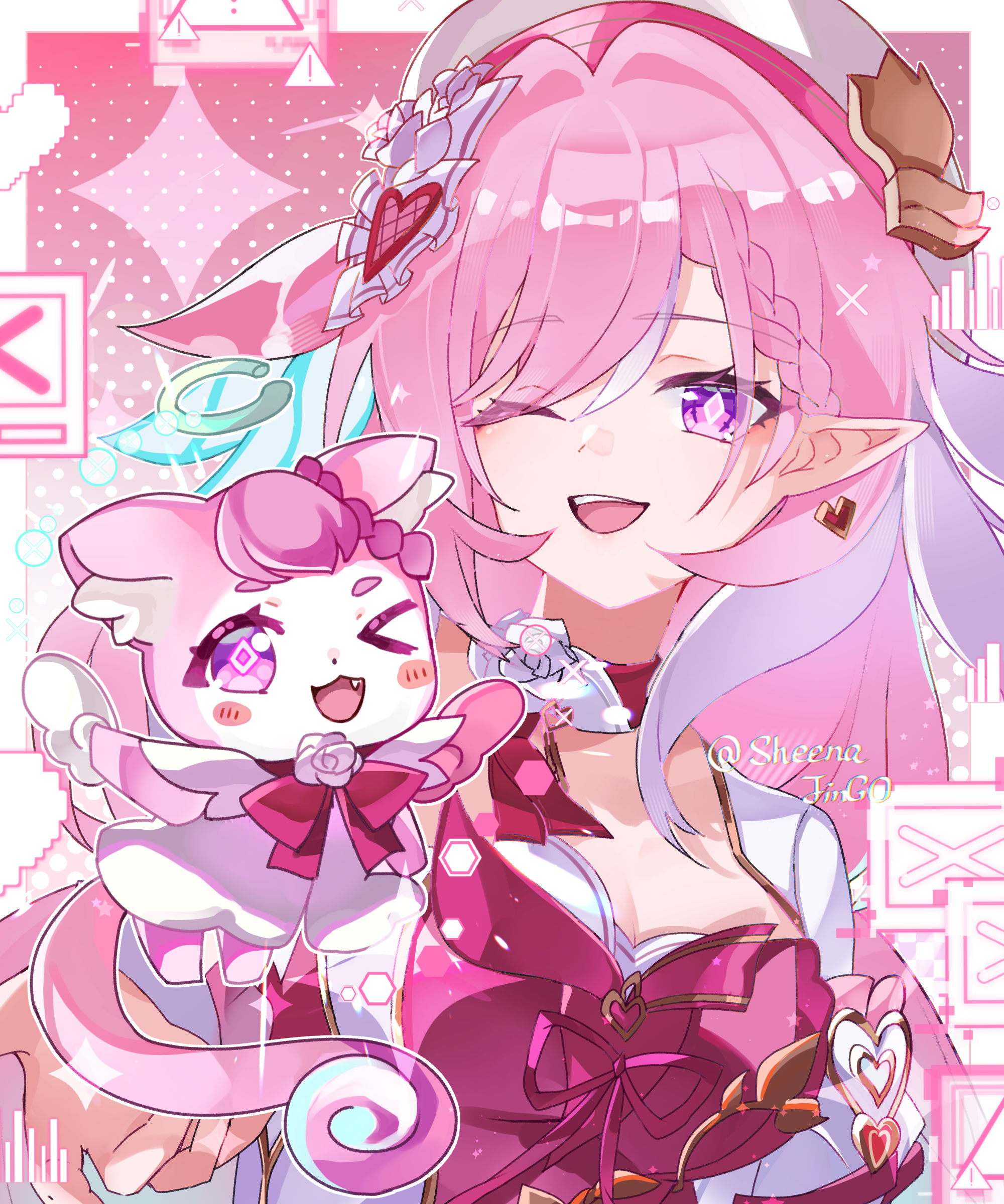 zhui ming jin ge, elysia (honkai impact), honkai (series), honkai impact 3rd, absurdres, chinese commentary, commentary request, highres, > o, 1girl, breasts, cleavage, diamond-shaped pupils, diamond (shape), dress, earrings, elf, elysia (hi elf of love) (honkai impact), hat, heart, heart earrings, jewelry, large breasts, long hair, multicolored hair, one eye closed, open mouth, pink hair, pointy ears, purple eyes, red dress, smile, symbol-shaped pupils, two-tone hair, upper body, very long hair, white hair, white hat
