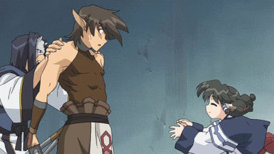 aruruu, hakuowlo, oboro (utawarerumono), utawarerumono, animated, animated gif, game cg, lowres, 00s, 1girl, 2boys, animal ears, dive, dog ears, japanese clothes, multiple boys