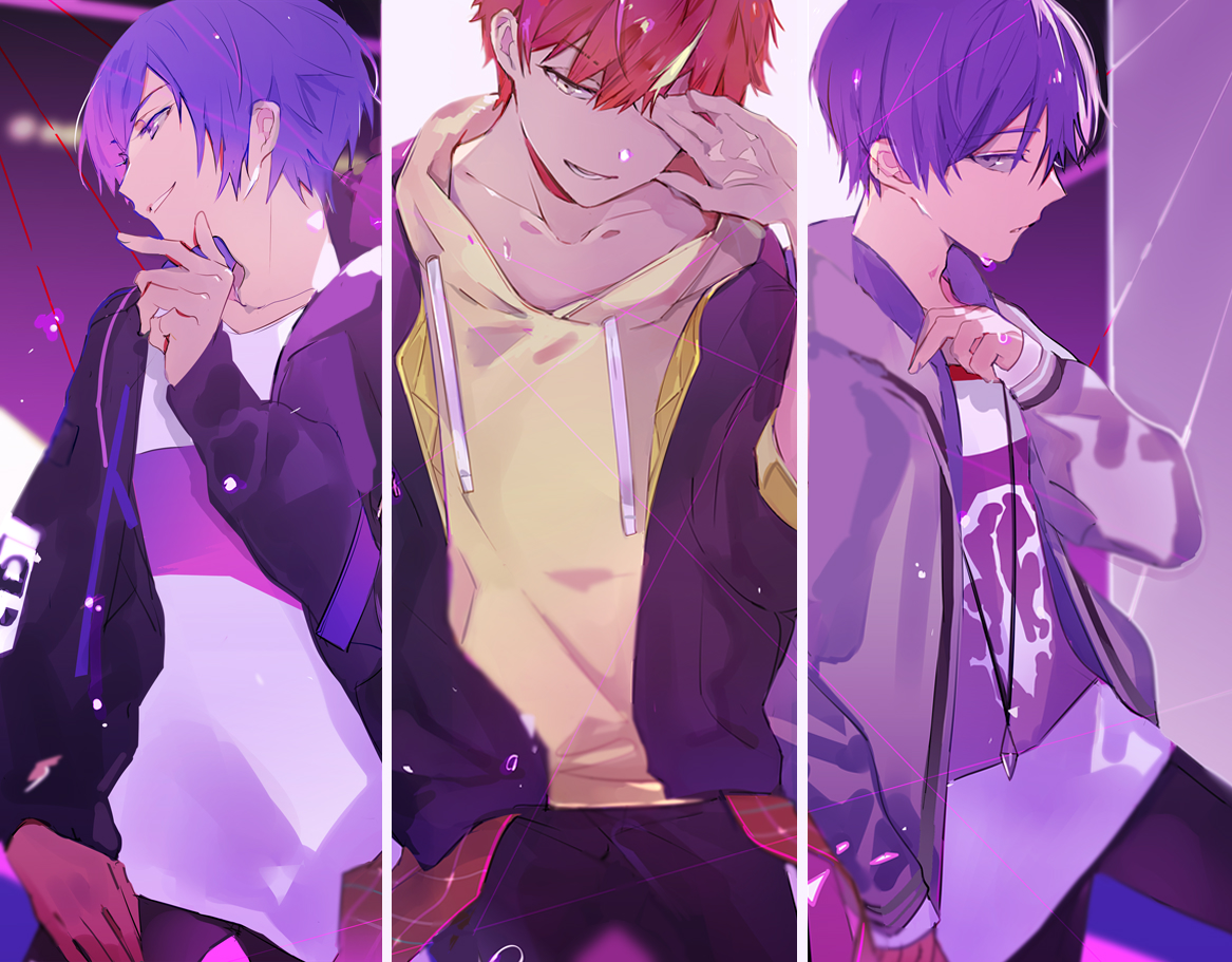 suou (sdurorhr), aoyagi touya, kaito (vocaloid), shinonome akito, vivid bad squad kaito, ifuudoudou (vocaloid), project sekai, commentary request, partial commentary, 3boys, blonde hair, blue eyes, blue hair, closed mouth, cowboy shot, drawstring, hand up, hood, hoodie, jacket, jacket over hoodie, jewelry, long sleeves, looking at viewer, male focus, multicolored hair, multiple boys, necklace, open clothes, open jacket, orange hair, short hair, sideways glance, streaked hair, yellow hoodie
