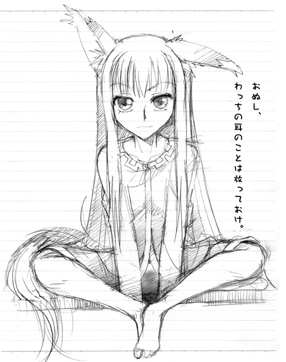 gofu, holo, spice and wolf, traditional media, 00s, animal ears, butterfly sitting, full body, greyscale, monochrome, single ear down, sitting, sketch, solo, tail, wolf ears, wolf tail