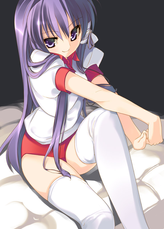arikawa satoru, fujibayashi kyou, clannad, 00s, 1girl, buruma, female focus, gym uniform, long hair, purple eyes, purple hair, socks, solo, thighhighs
