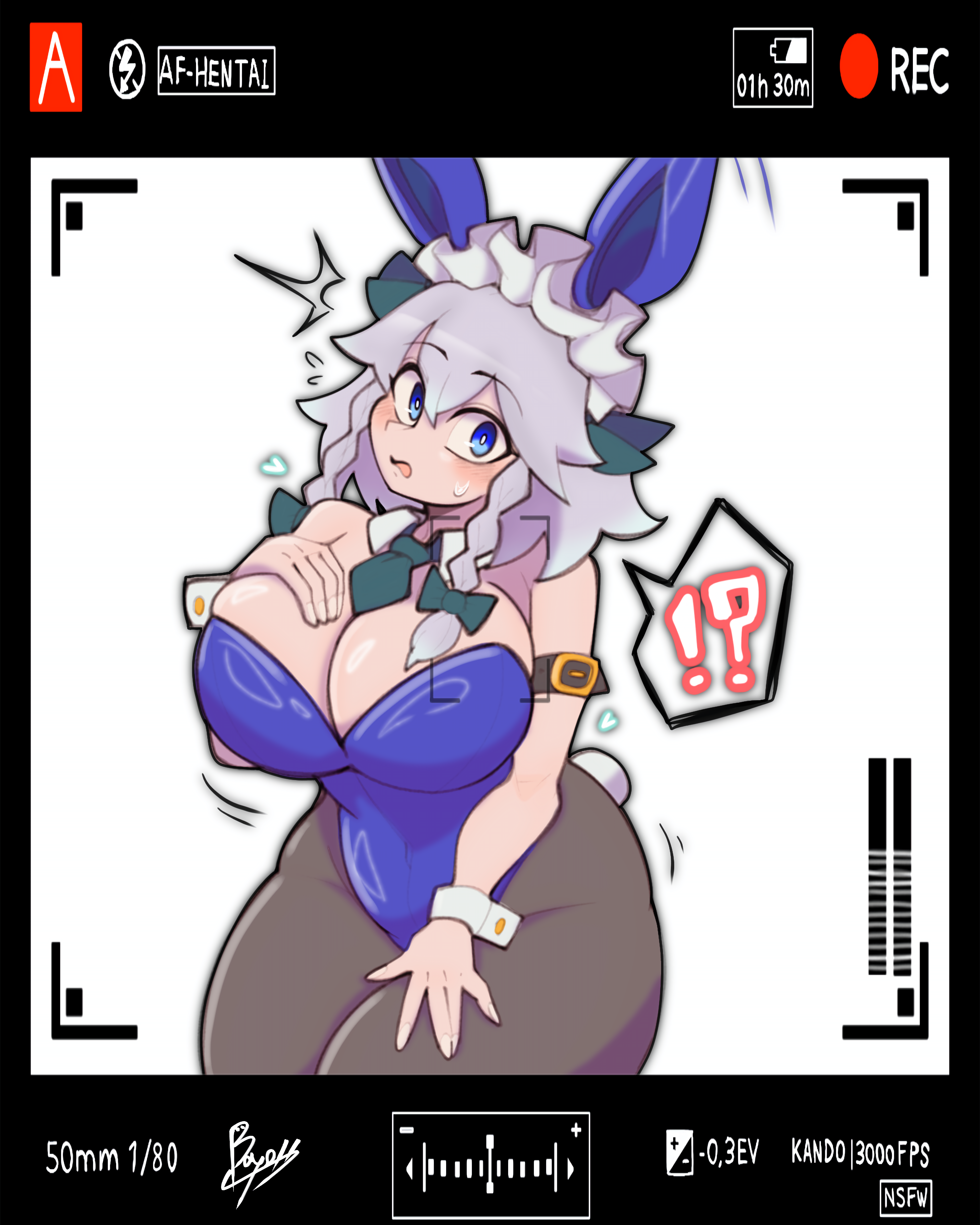 doctor5648, izayoi sakuya, touhou, absurdres, commentary request, highres, !?, :o, ^^^, animal ears, armband, black border, bloom, blue eyes, blue leotard, blush, border, bow, braided sidelocks, breasts, brown armband, brown pantyhose, buckle, camera pov, cleavage, collar, cowboy shot, crossed bangs, english text, fake animal ears, fake tail, flying sweatdrops, green bow, green necktie, hair between eyes, hair bow, hand on own thigh, heart, large breasts, leotard, maid headdress, medium hair, motion lines, necktie, open mouth, pantyhose, playboy bunny, rabbit ears, rabbit tail, short necktie, signature, simple background, speech bubble, spoken interrobang, strapless, strapless leotard, surprised, sweatdrop, tail, thick thighs, thighs, user interface, white background, white collar, white hair, white wrist cuffs, wrist cuffs