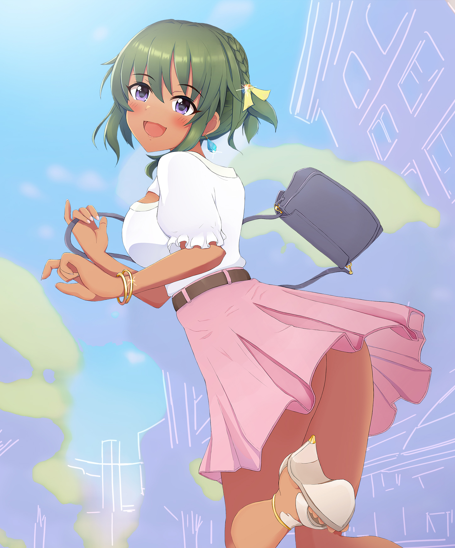 baika, natalia (idolmaster), idolmaster, idolmaster cinderella girls, highres, 1girl, :d, ass, bag, belt, blue sky, blush, bracelet, breasts, brown belt, dark skin, gold bracelet, green hair, handbag, high heels, jewelry, large breasts, looking at viewer, looking back, no panties, open mouth, pink skirt, purple eyes, shirt, shoes, short hair, skirt, sky, smile, solo, white shirt, white shoes