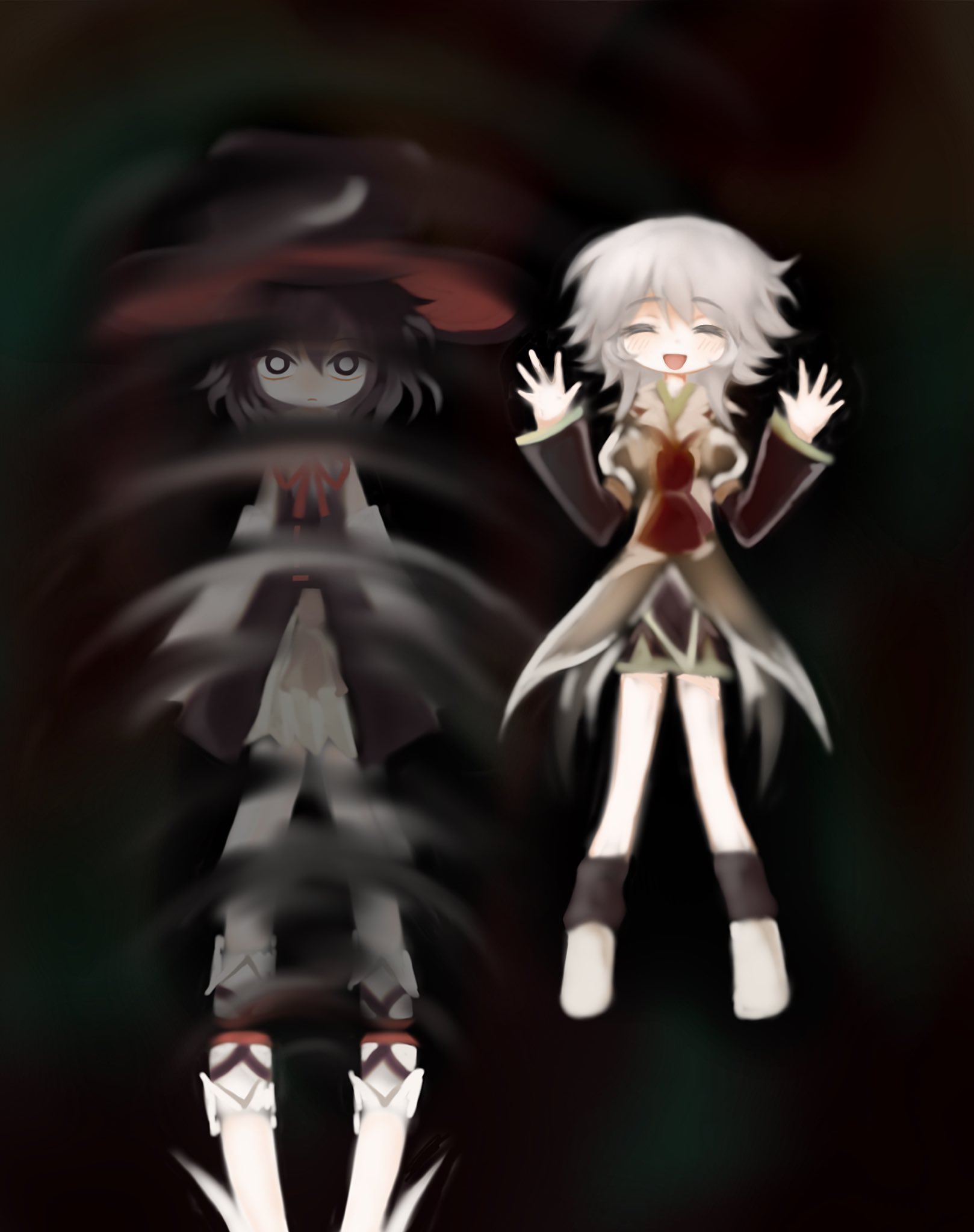 renlei jing shi wo ziji, enraku tsubakura, houlen yabusame, len'en, highres, 2others, ^ ^, androgynous, ankle socks, ascot, bare legs, bare shoulders, black background, black coat, black eyes, black hair, black hat, black kimono, black shorts, black socks, boots, bright pupils, brown ascot, brown boots, brown coat, closed eyes, closed mouth, coat, coattails, collared coat, collared shirt, collared socks, detached sleeves, expressionless, eye of senri, full body, green hakama, grey hair, hair between eyes, hakama, hakama short skirt, hakama skirt, hands up, happy, hat, japanese clothes, jinbei (clothes), kimono, lapels, layered sleeves, long sleeves, looking at viewer, multiple others, neck ribbon, notched lapels, open mouth, other focus, puffy short sleeves, puffy sleeves, red ribbon, red sandals, reflection, reflection focus, ribbon, ribbon-trimmed coat, ribbon trim, ripples, sandals, shirt, short hair, short hair with long locks, short kimono, short over long sleeves, short sleeves, shorts, sidelocks, skirt, sleeveless, sleeveless coat, sleeveless shirt, sleeves past fingers, sleeves past wrists, smile, socks, standing, tabi, top hat, two-sided fabric, two-sided headwear, white pupils, white shirt, white sleeves, white socks, wide sleeves, zouri