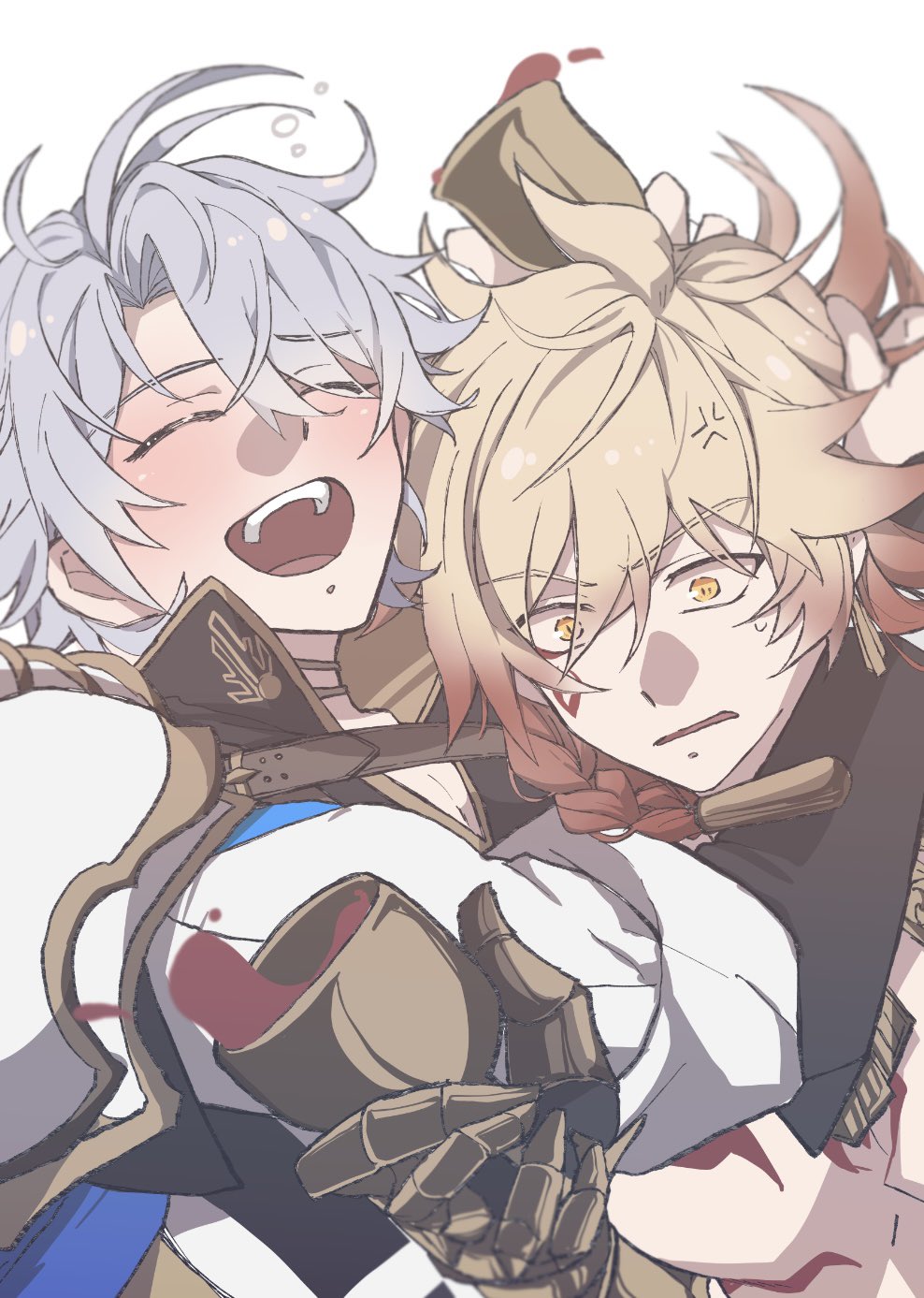 mydei (honkai: star rail), phainon (honkai: star rail), honkai: star rail, honkai (series), commentary request, highres, 2boys, anger vein, antenna hair, armor, black choker, black shirt, blonde hair, blue cape, blush, braid, cape, chest tattoo, choker, clawed gauntlets, closed eyes, coat, crcrc1950, cup, facial tattoo, gradient hair, hair between eyes, hand on another's head, holding, holding cup, hug, male focus, medium hair, multicolored hair, multiple boys, open mouth, pauldrons, red hair, red tattoo, shirt, short hair, shoulder armor, side braid, simple background, single pauldron, spill, tattoo, white background, white coat, white hair, yaoi, yellow eyes