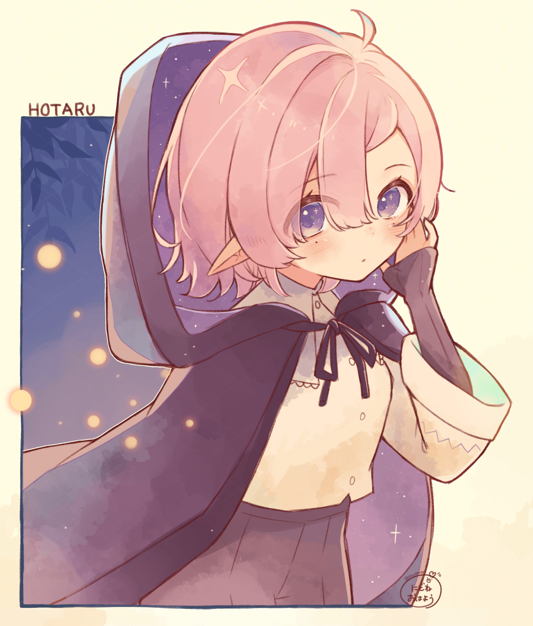 ohayo084084, original, commentary request, highres, 1girl, black cloak, black skirt, blush, cloak, cowboy shot, fireflies, hair between eyes, hand up, hood, hood up, hooded cloak, long sleeves, looking at viewer, parted lips, pink hair, pleated skirt, purple eyes, shirt, short hair, skirt, solo, white shirt, wide sleeves
