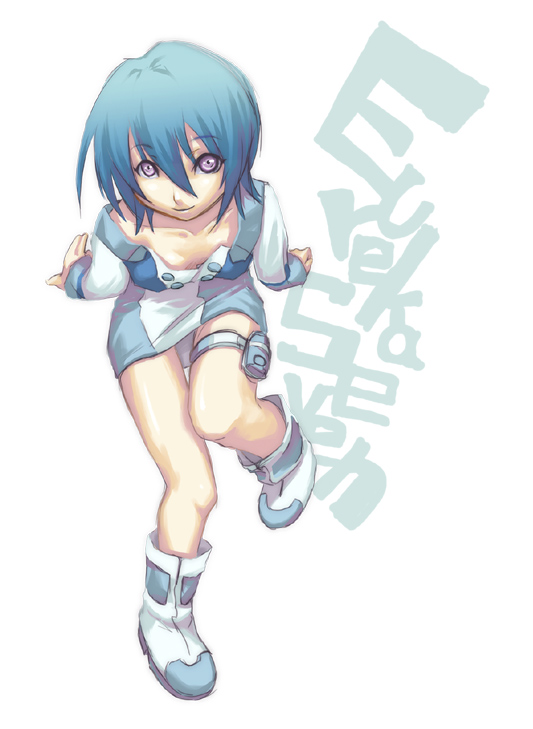 nilitsu, eureka (eureka seven), eureka seven, eureka seven (series), 00s, 1girl, blue hair, boots, female focus, from above, purple eyes, short hair, solo, thigh strap, white boots