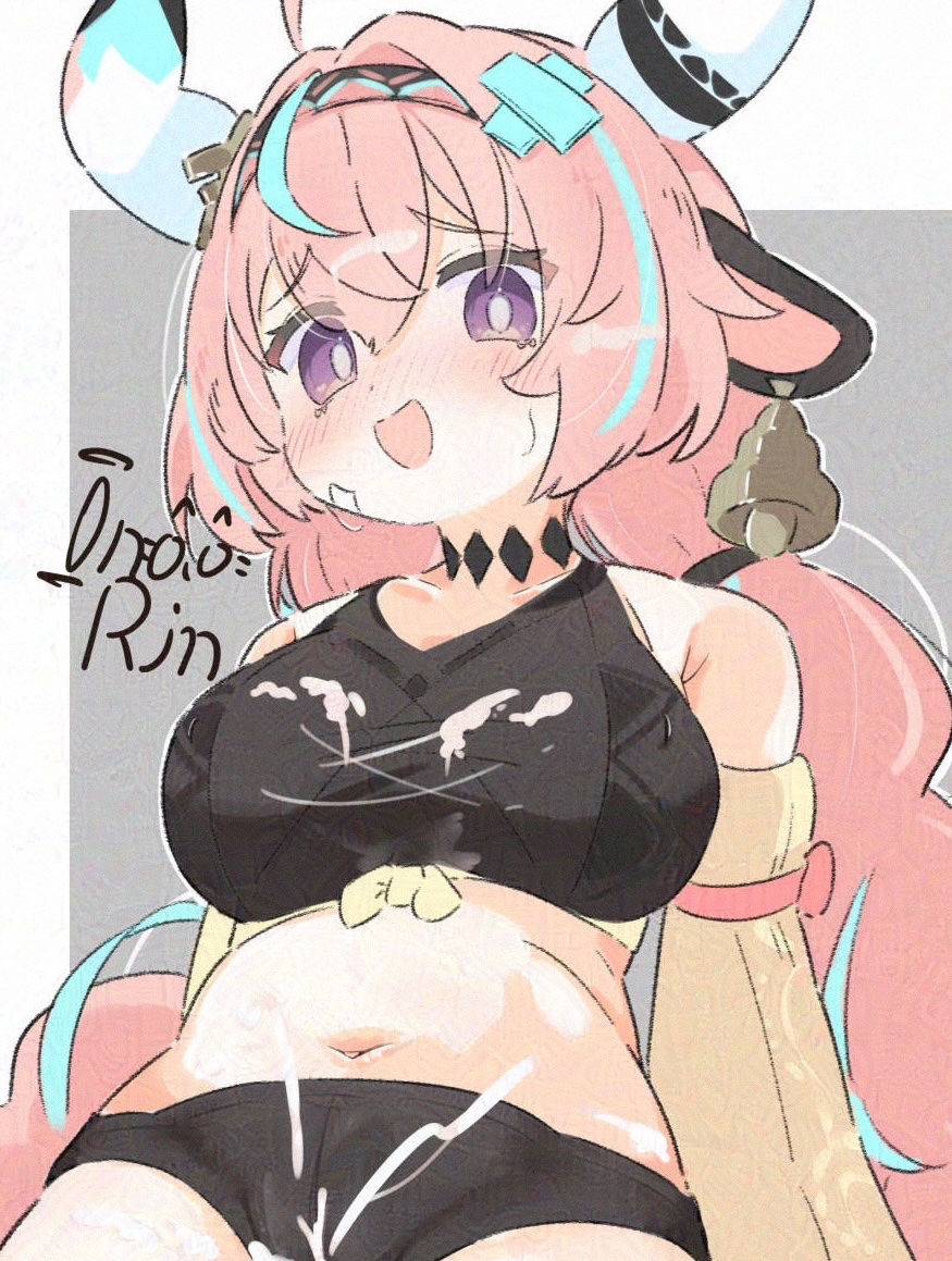 inaririn, varesa (genshin impact), genshin impact, adversarial noise, 1girl, ahoge, animal ears, bare shoulders, bell, black shorts, blue hair, blush, braid, breasts, cum, cum on body, cum on clothes, detached sleeves, grey background, hair ornament, horns, large breasts, long hair, looking at viewer, midriff, multicolored hair, navel, open mouth, pink hair, purple eyes, shorts, smile, solo, streaked hair, twintails, very long hair