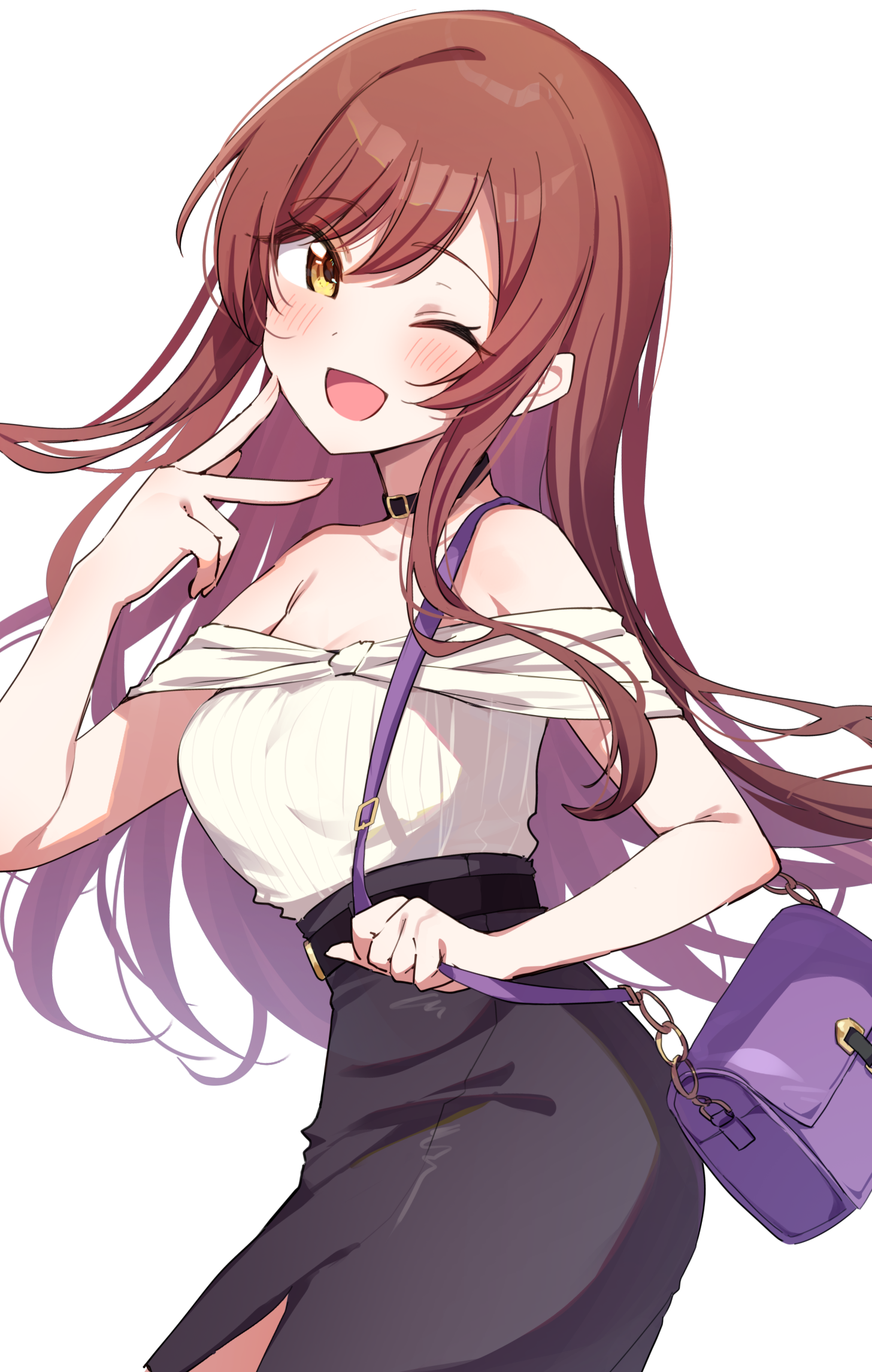 reikakrzk, osaki amana, idolmaster, idolmaster shiny colors, commentary request, highres, 1girl, ;d, bag, bare shoulders, black choker, black skirt, blush, breasts, choker, collarbone, handbag, long hair, looking at viewer, medium breasts, one eye closed, open mouth, pencil skirt, purple bag, red hair, shirt, shoulder bag, skirt, smile, solo, standing, swept bangs, v, white shirt, yellow eyes