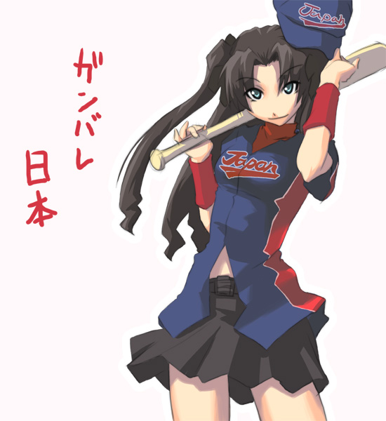 nilitsu, tohsaka rin, fate/stay night, fate (series), 00s, 1girl, baseball, baseball bat, baseball cap, baseball uniform, black hair, blue eyes, clothes writing, female focus, hat, long hair, skirt, smile, solo, sportswear, sweatband, two side up