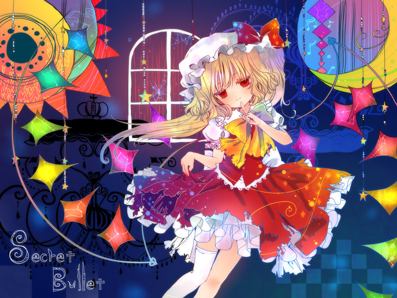 torii sumi, flandre scarlet, touhou, 1girl, aquarius (constellation), asymmetrical clothes, blonde hair, bow, capricorn (constellation), colored eyelashes, crescent, crescent moon, eyelashes, female focus, finger to mouth, gemini (constellation), hat, leo (constellation), libra (constellation), mob cap, moon, pisces (constellation), red eyes, sagittarius (constellation), side ponytail, single thighhigh, skirt, skirt hold, solo, star (symbol), thighhighs, torn clothes, virgo (constellation), white thighhighs, wings