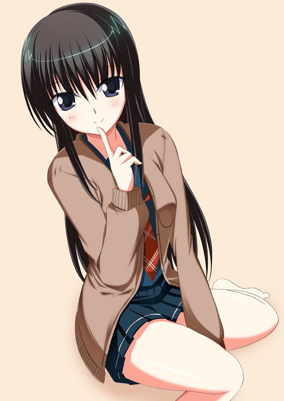 shio, futami eriko, kimi kiss, beige background, 1girl, black hair, blue skirt, blush, closed mouth, female focus, finger to mouth, index finger raised, long sleeves, looking at viewer, miniskirt, necktie, pleated skirt, red necktie, shushing, simple background, sitting, skirt, smile, solo, wariza