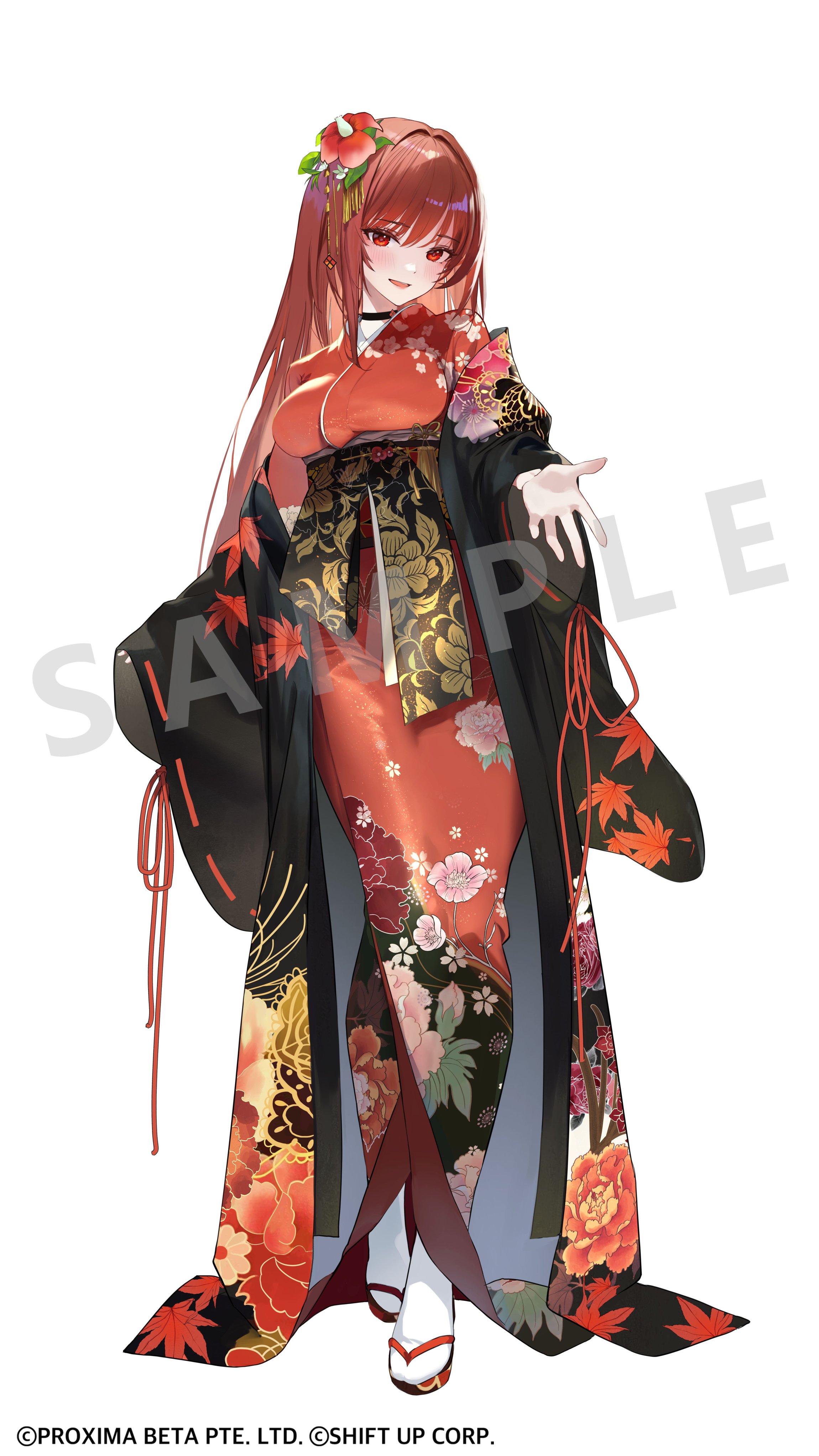 ggoc ill, rapi (nikke), rapi (red hood) (nikke), goddess of victory: nikke, absurdres, highres, official art, floral print, floral print kimono, full body, japanese clothes, kimono, long hair, official alternate costume, official alternate design, official alternate hair color, print kimono, red hair, red kimono, simple background, white background