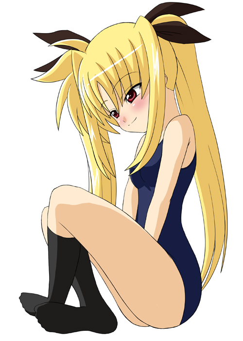 sawa (artist), sawa (snack yoshie), fate testarossa, lyrical nanoha, mahou shoujo lyrical nanoha, 00s, 1girl, blonde hair, breasts, female focus, one-piece swimsuit, school swimsuit, small breasts, solo, swimsuit