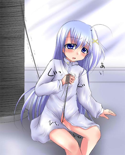 misana, reinforce zwei, lyrical nanoha, mahou shoujo lyrical nanoha, mahou shoujo lyrical nanoha strikers, silver hair, 00s, 1girl, :o, ahoge, arm support, bdsm, between legs, blue eyes, blush, bondage, bottomless, bound, crotch rope, female focus, female masturbation, hair ornament, long hair, long sleeves, masturbation, motion lines, no panties, open mouth, pussy juice, sitting, solo, string, very long hair, wedgie, x hair ornament