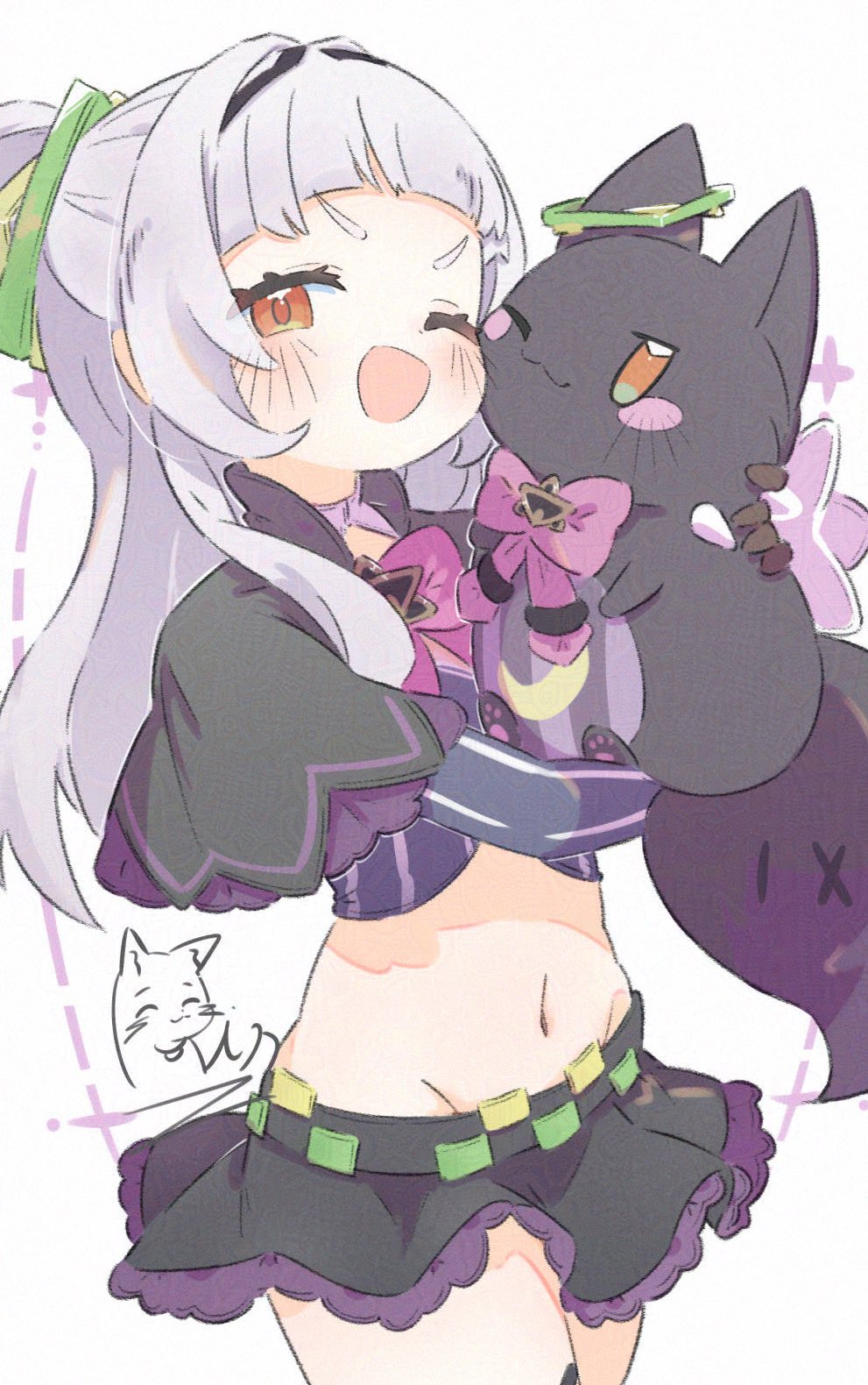 inaririn, murasaki shion, murasaki shion (1st costume), hololive, highres, 1girl, animal, black gloves, black skirt, blush, bow, bowtie, capelet, cat, cowboy shot, crop top, cropped shirt, gloves, grey hair, groin, hair bun, hair ornament, hairband, holding, holding animal, holding cat, long hair, long sleeves, looking at viewer, lowleg, midriff, miniskirt, navel, one eye closed, open mouth, orange eyes, pink bow, pink bowtie, shirt, simple background, single side bun, skirt, smile, solo, striped clothes, striped shirt, vertical-striped clothes, vertical-striped shirt, virtual youtuber, white background