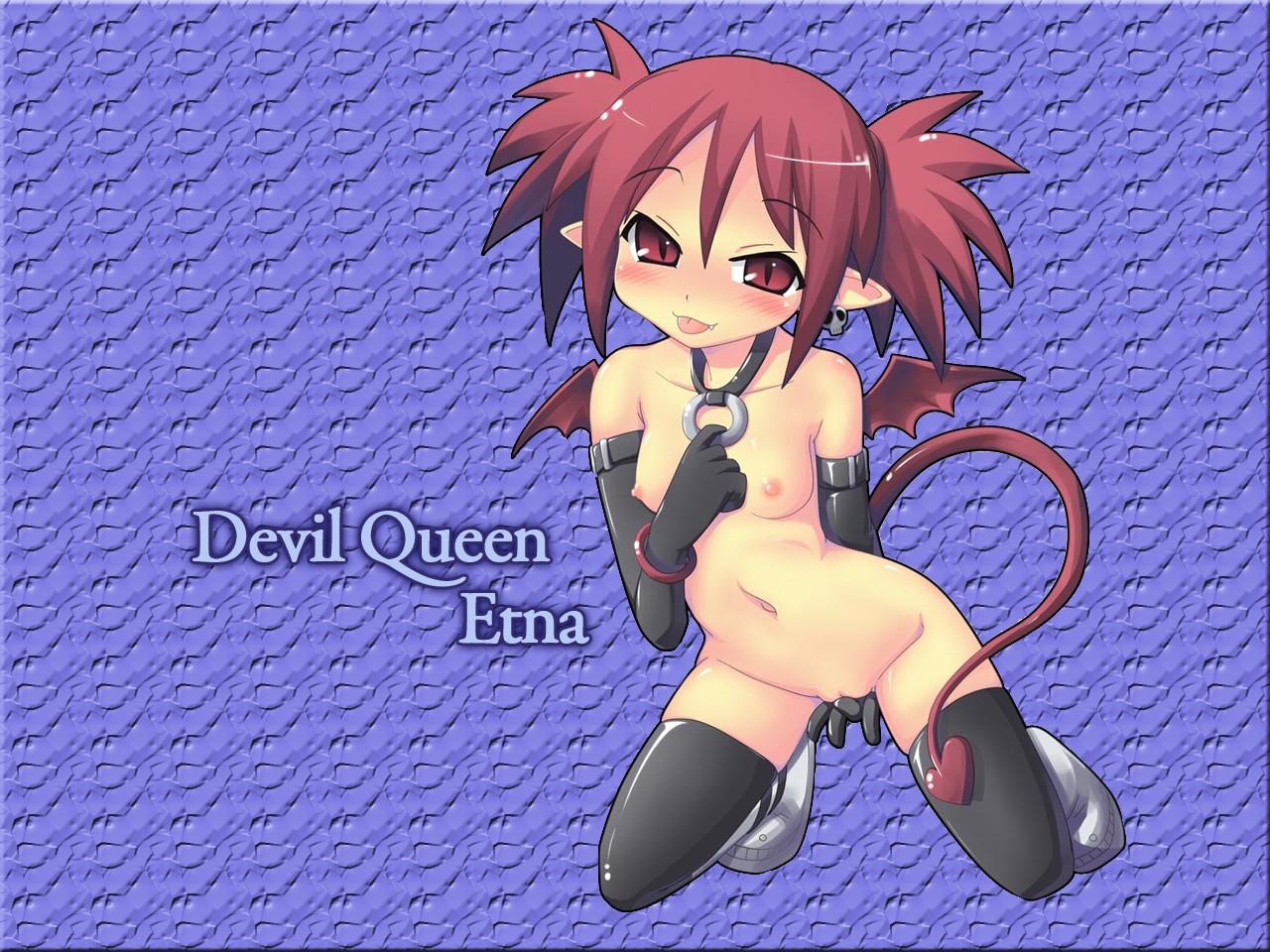 etna (disgaea), disgaea, 1girl, blush, breasts, collar, devil girl, elbow gloves, female focus, full body, gloves, kneeling, naughty face, navel, nude, pussy, red hair, solo, tail, thighhighs, uncensored