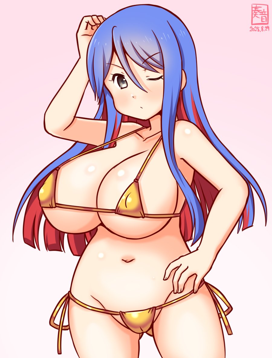 kanon (kurogane knights), south dakota (kancolle), kantai collection, 1girl, bikini, blue hair, cameltoe, colored inner hair, covered erect nipples, dated, gluteal fold, gold bikini, gradient background, grey eyes, hand on own hip, micro bikini, multicolored hair, one-hour drawing challenge, one eye closed, pink background, red hair, side-tie bikini bottom, solo, swimsuit, twitter username