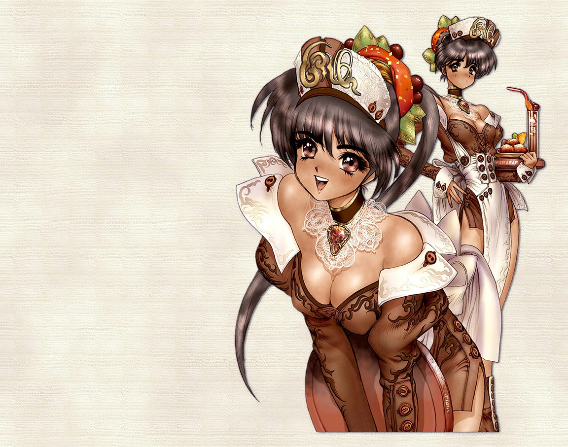 shirou masamune, 1girl, bent over, breasts, brown eyes, brown hair, dark-skinned female, dark skin, female focus, multiple views, smile, standing, waitress