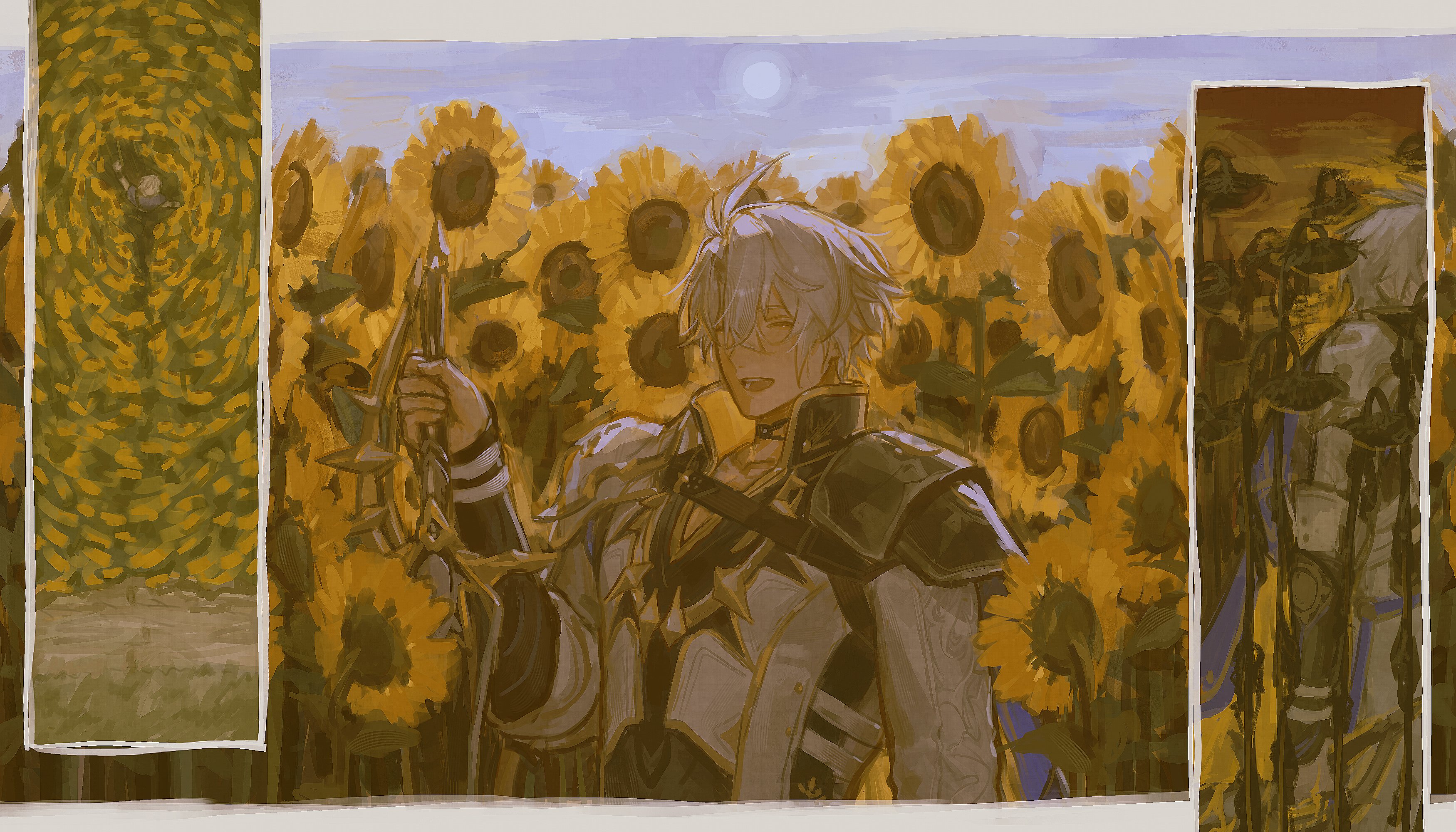 matuka10101, phainon (honkai: star rail), honkai: star rail, honkai (series), absurdres, highres, 1boy, armor, belt, black choker, choker, closed eyes, crossed bangs, field, flower, flower field, from above, grey hair, hair between eyes, hand up, holding, holding sword, holding weapon, male focus, multiple views, neck tattoo, open mouth, outdoors, parted bangs, pauldrons, short hair, shoulder armor, single pauldron, smile, solo, sunflower, sword, tattoo, weapon