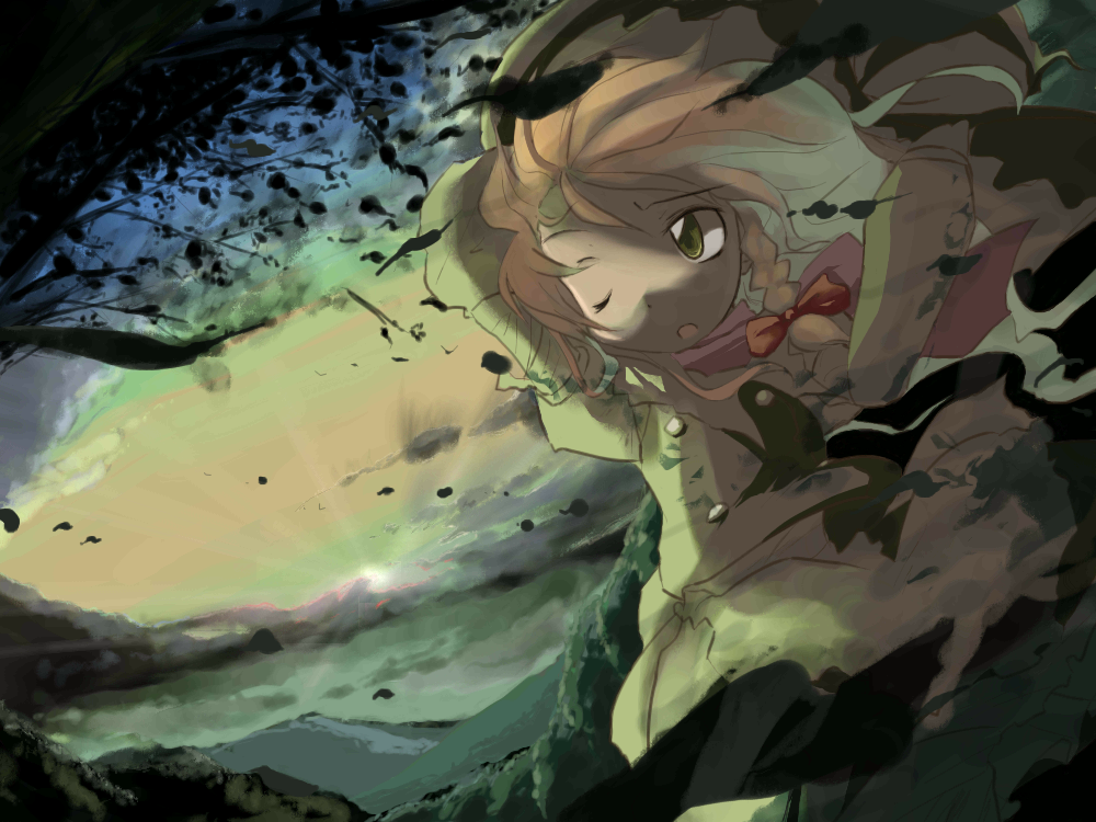 neki-t, kirisame marisa, touhou, 1girl, blonde hair, bow, dusk, dutch angle, female focus, long hair, one eye closed, sky, solo, sunset, wind