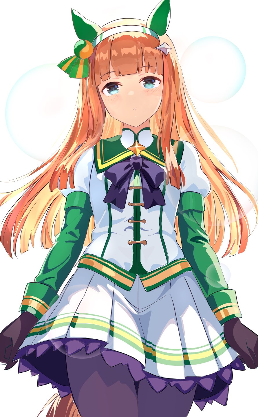 kanon (user rrhr4244), silence suzuka (umamusume), umamusume, commentary, highres, 1girl, animal ears, blue eyes, blunt bangs, blush, bow, bowtie, brown gloves, cowboy shot, ear covers, gloves, hairband, horse ears, horse girl, horse tail, jacket, long hair, long sleeves, looking at viewer, miniskirt, orange hair, pantyhose, parted lips, pleated skirt, purple bow, purple bowtie, purple pantyhose, silence suzuka (racing) (umamusume), simple background, skirt, solo, tail, white background, white hairband, white jacket, white skirt