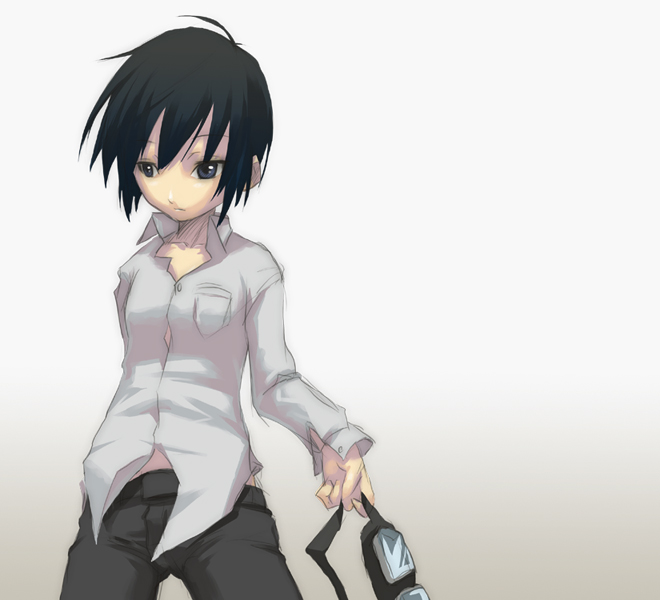 nilitsu, kino (kino no tabi), kino no tabi, 00s, 1girl, androgynous, blouse, breast pocket, collared shirt, cowboy shot, female focus, pocket, reverse trap, shirt, short hair, solo, standing, tomboy, white shirt