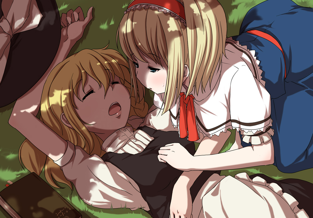 mishima hiroji, alice margatroid, kirisame marisa, touhou, 2girls, arm behind head, bent over, blonde hair, blue eyes, blush, book, bow, bowtie, braid, capelet, female focus, grass, hairband, hat, imminent kiss, kneeling, lips, long hair, lying, multiple girls, on back, open mouth, shade, shadow, short hair, side braid, sleeping, sweat, sweatdrop, unworn hat, unworn headwear, witch hat, yuri