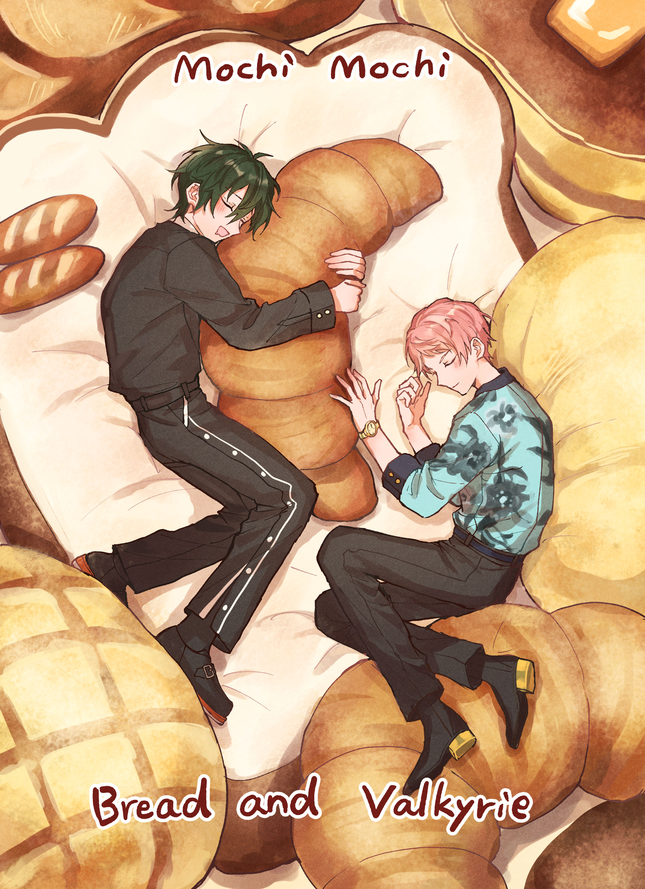 wednesday 108, itsuki shu, kagehira mika, ensemble stars!, absurdres, bad id, bad pixiv id, commentary request, highres, 2boys, baguette, belt, black belt, black pants, blush, bread, closed eyes, closed mouth, croissant, floral print, food, full body, green hair, long sleeves, lying, male focus, multiple boys, on side, open mouth, pants, pink hair, short hair, three-quarter sleeves, valkyrie (ensemble stars!), watch, wristwatch