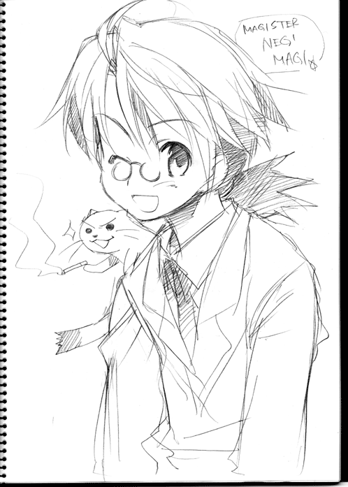 ishida akira, albert chamomille, chamo, negi springfield, mahou sensei negima!, traditional media, 00s, 1boy, ermine, greyscale, male focus, monochrome, sketch, solo, weasel
