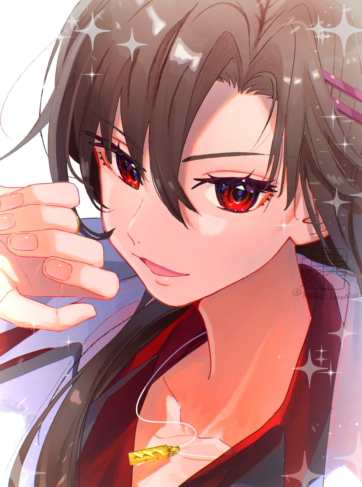 tanaka kuronisi, yanagi mion, heaven burns red, highres, 1girl, black hair, collar, collarbone, long hair, open mouth, parted bangs, red collar, red eyes, shirt, sidelocks, solo, white shirt