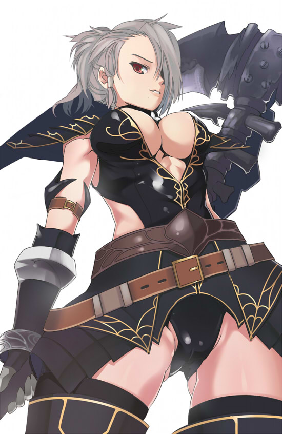 akinaie, yoshio (55level), capcom, monster hunter (series), monster hunter frontier, 1girl, armlet, armor, belt, black thighhighs, boots, breasts, cameltoe, cleavage, elbow gloves, female focus, foreshortening, from below, gloves, grey hair, hair ornament, hair over one eye, hair tubes, huge weapon, jewelry, large breasts, leotard, looking at viewer, midriff, mole, naughty face, no bra, noir (armor), ponytail, red eyes, scythe, short hair, side slit, simple background, skirt, smile, solo, standing, strap, thigh boots, thighhighs, turtleneck, underboob, weapon, zettai ryouiki