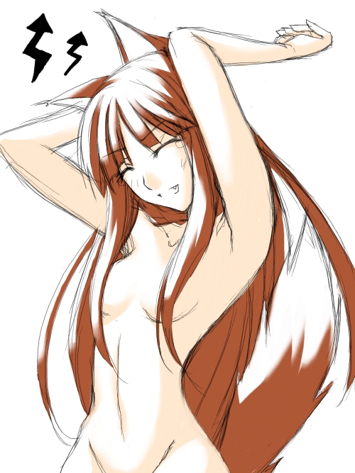 ribi, holo, spice and wolf, 00s, animal ears, nude, solo, tail, wolf ears, wolf tail
