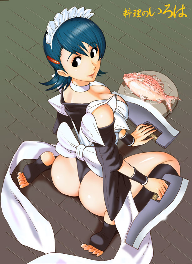 iroha (samurai spirits), samurai spirits, artist request, translation request, 1girl, apron, ass, black eyes, black leotard, blue hair, breasts, butterfly swords, female focus, fish, fish (food), flipped hair, floor, food, full body, highleg, highleg leotard, holding, holding weapon, kneeling, large breasts, leotard, leotard under clothes, lips, looking back, maid, maid headdress, revealing clothes, shiny skin, sitting, skindentation, smile, solo, thong leotard, weapon, white apron, wide hips, wooden floor