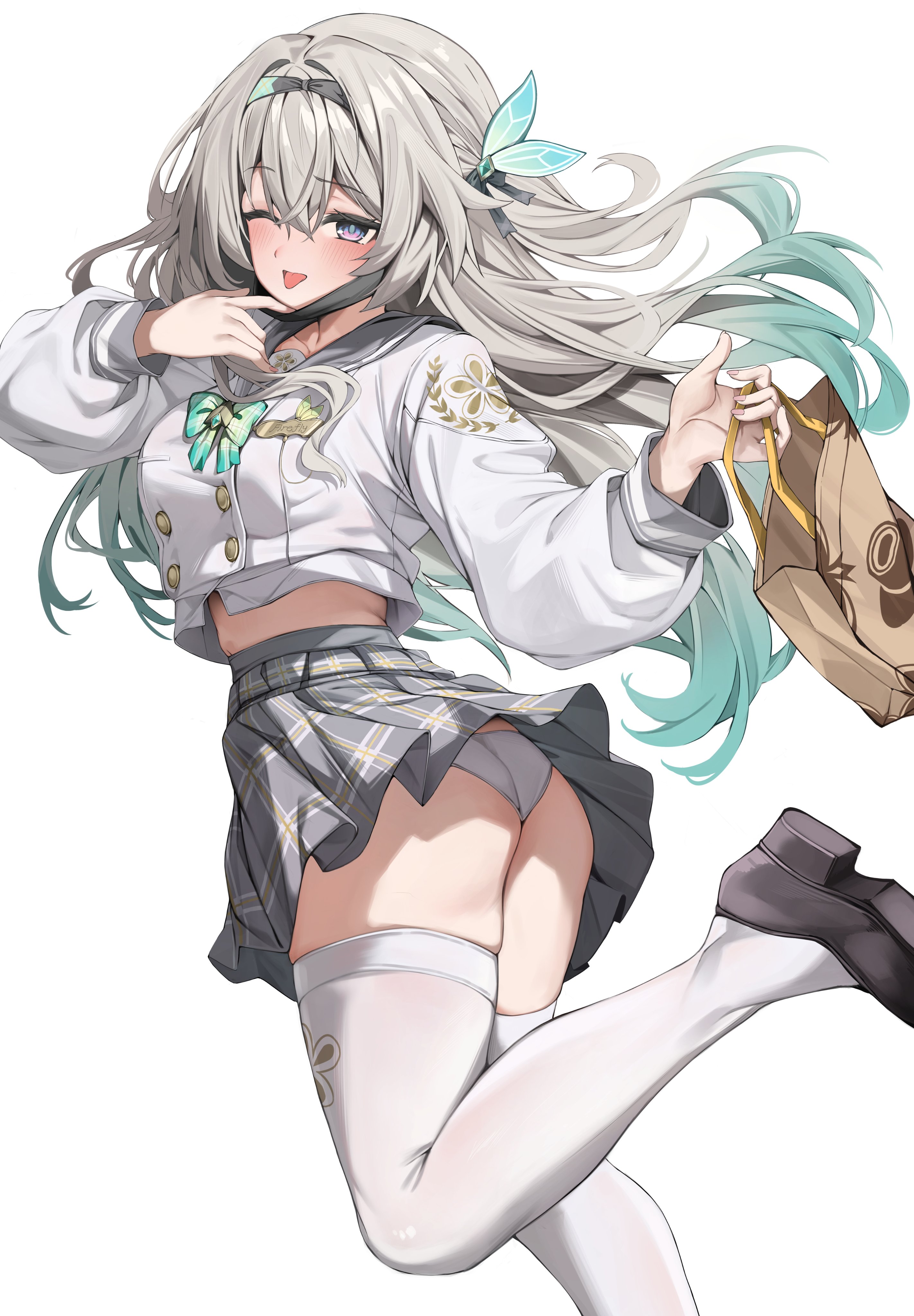kiro (kirotayu), firefly (honkai: star rail), firefly (spring missive) (honkai: star rail), honkai: star rail, honkai (series), absurdres, commentary, highres, symbol-only commentary, 1girl, ;p, ass, bag, black hairband, black mask, blue pupils, blush, breasts, coffee bag, gradient eyes, grey hair, grey sailor collar, grey skirt, hairband, holding, holding bag, leg up, long hair, long sleeves, looking at viewer, mask, mask pull, medium breasts, multicolored eyes, official alternate costume, one eye closed, panties, plaid clothes, pulling, sailor collar, school uniform, serafuku, shirt, shoes, skindentation, skirt, smile, solo, thighhighs, tongue, tongue out, underwear, white background, white panties, white shirt, white thighhighs