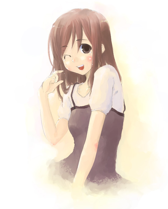transient, 1girl, blush, brown hair, female focus, gradient background, long hair, one eye closed, solo, wink