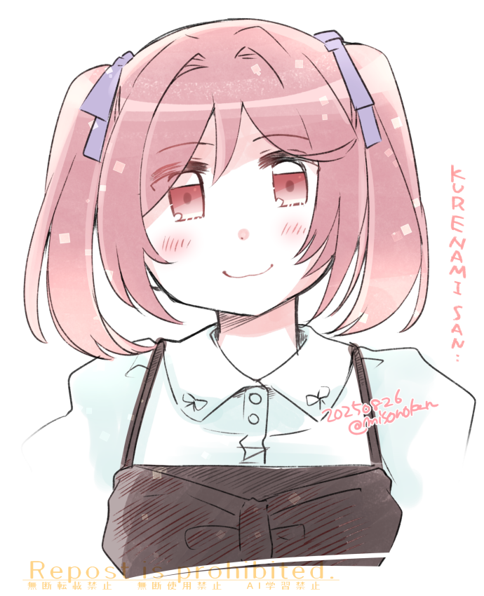izumiyamisono, sazanami (kancolle), kantai collection, 1girl, breasts, brown dress, collared shirt, dated, dress, dress shirt, hair ribbon, medium breasts, official alternate costume, pink hair, red eyes, ribbon, romaji text, sazanami (kure) (kancolle), shirt, simple background, smile, solo, spaghetti strap, twitter username, upper body, white background, white shirt