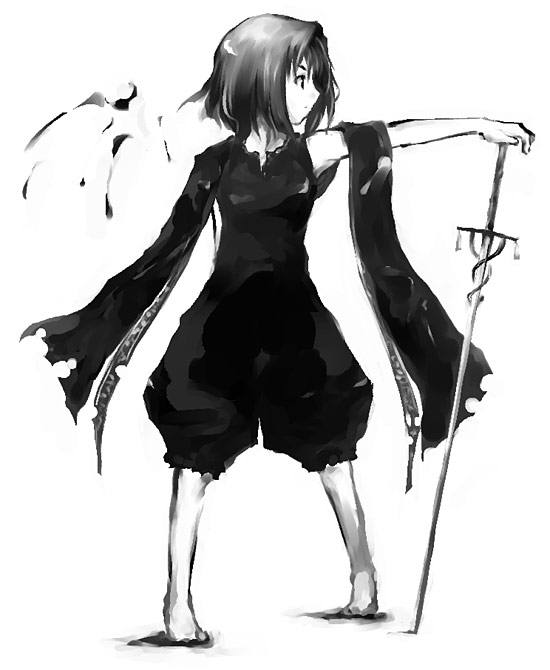 transient, 1girl, female focus, greyscale, monochrome, short hair, simple background, solo, sword, weapon