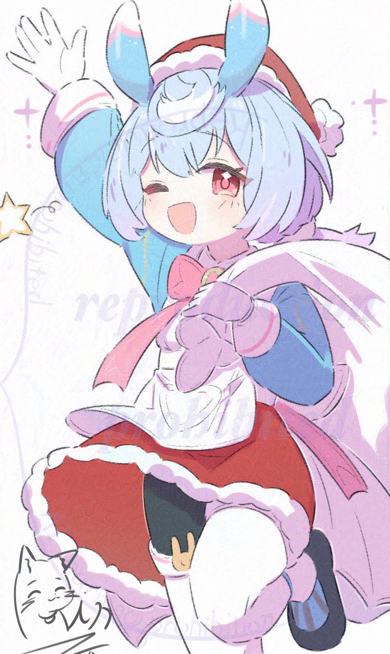 inaririn, sigewinne (genshin impact), genshin impact, highres, 1girl, animal ears, apron, arm up, blush, bow, bowtie, christmas, dress, fur-trimmed dress, fur trim, gloves, hat, holding, holding sack, long sleeves, looking at viewer, low twintails, one eye closed, open mouth, pantyhose, pink bow, pink bowtie, red eyes, red skirt, sack, sample watermark, santa hat, short hair, skirt, smile, thighhighs, twintails, watermark, white apron, white background, white gloves