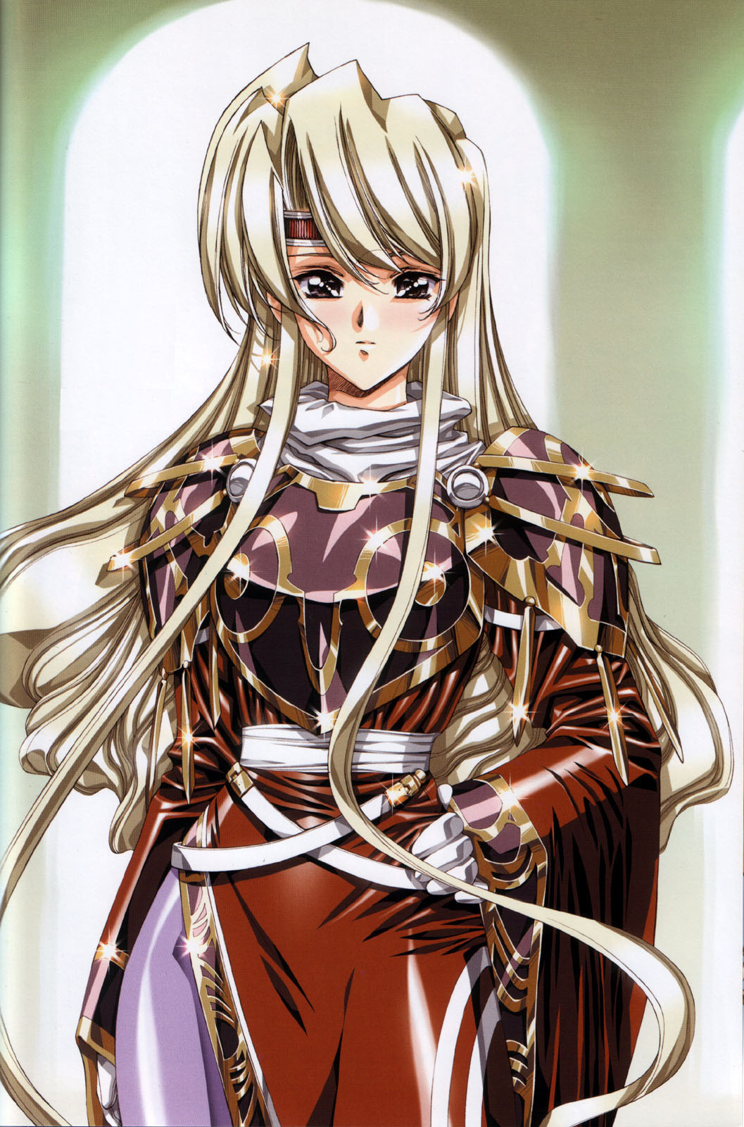 urushihara satoshi, highres, armor, black eyes, blonde hair, headband, long hair, pantyhose