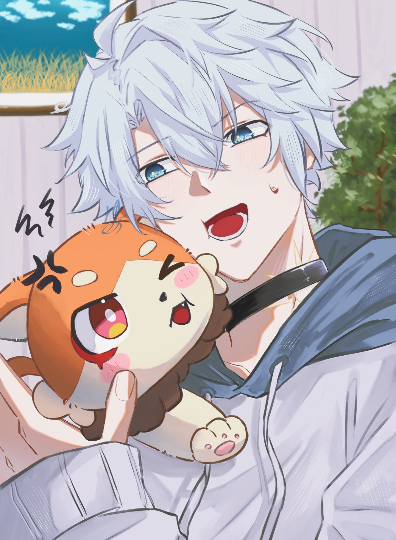 mydei (honkai: star rail), phainon (honkai: star rail), honkai: star rail, honkai (series), hashtag-only commentary, highres, 1boy, anger vein, antenna hair, black choker, blue eyes, chimera (honkai: star rail), choker, creature, drawstring, holding, holding creature, hood, hood down, hoodie, long sleeves, male focus, mydei (fig stew) (honkai: star rail), neck tattoo, parted bangs, short hair, solo, sun symbol, sun tattoo, tan, tattoo, white hair, white hoodie, yua hsr