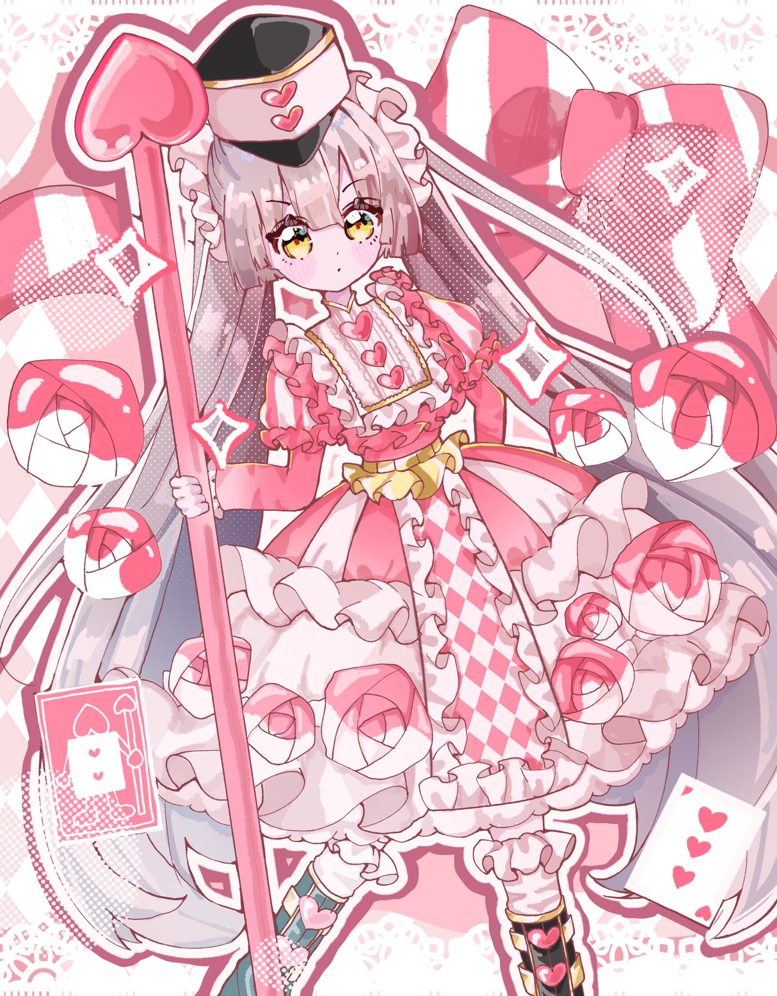 ogasawara hisame, heaven burns red, highres, 1girl, blunt bangs, dress, frilled dress, frilled hairband, frills, hairband, hamaguri mafuyu, lolita fashion, long hair, ponytail, ribbon, solo, twintails, white dress, white hair, yellow eyes