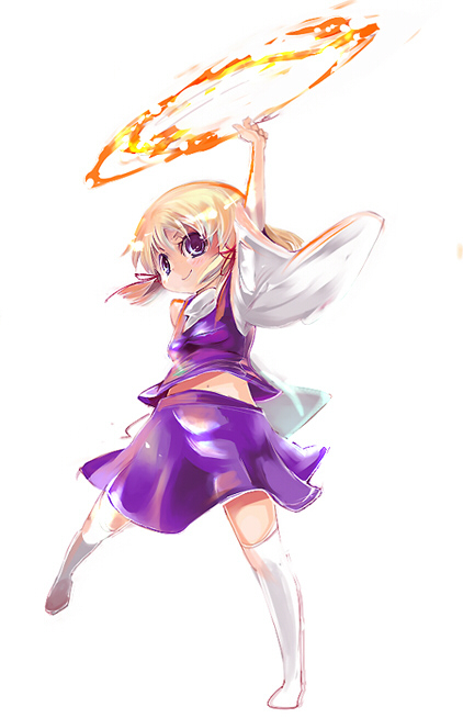 cis (carcharias), moriya suwako, touhou, 1girl, arm up, female focus, moriya's iron rings, solo, thighhighs