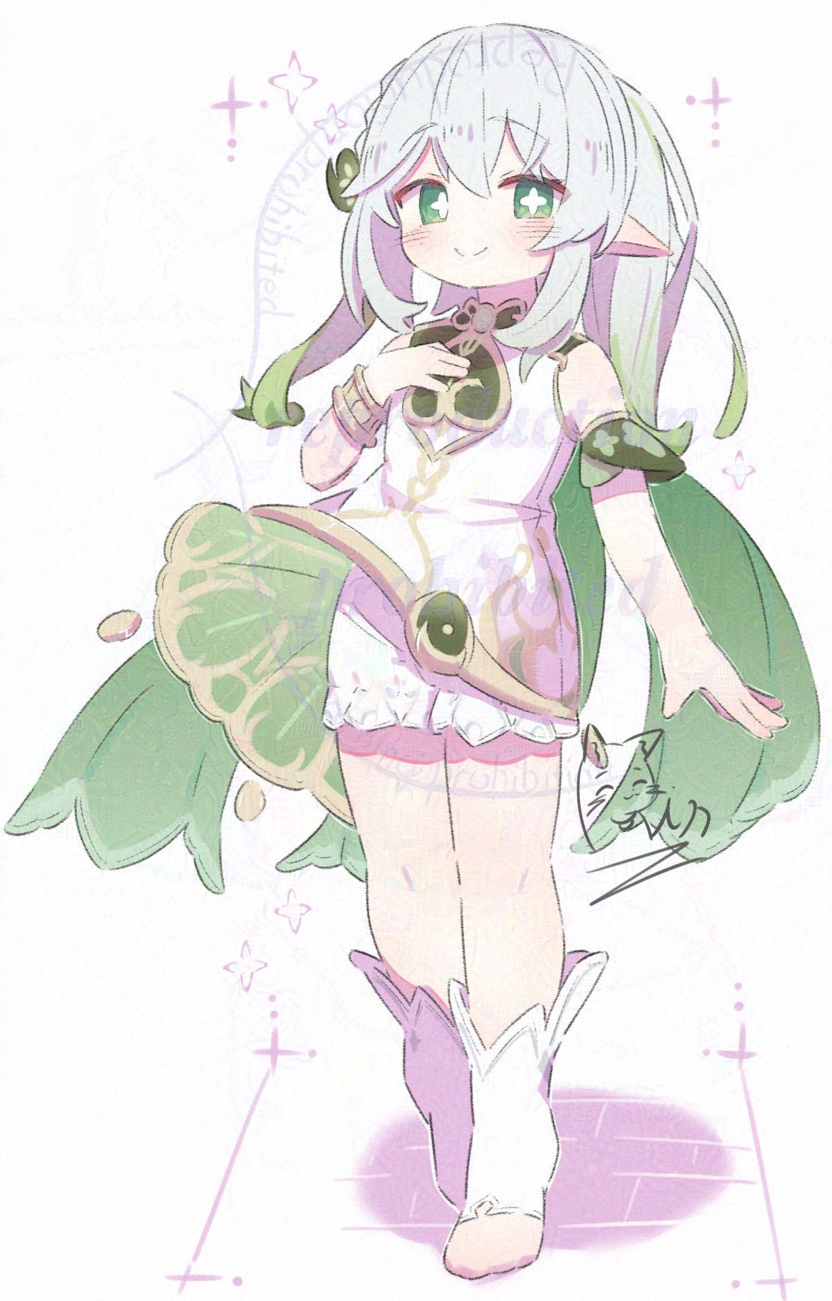 inaririn, nahida (genshin impact), genshin impact, highres, 1girl, bloomers, blush, bracelet, cape, closed mouth, cross-shaped pupils, detached sleeves, dress, full body, gradient hair, green cape, green eyes, green hair, grey hair, hair between eyes, hair ornament, jewelry, leaf hair ornament, long hair, looking at viewer, multicolored hair, pointy ears, side ponytail, signature, simple background, sleeveless, sleeveless dress, smile, solo, sparkle, standing, symbol-shaped pupils, underwear, white background, white bloomers, white dress, white hair