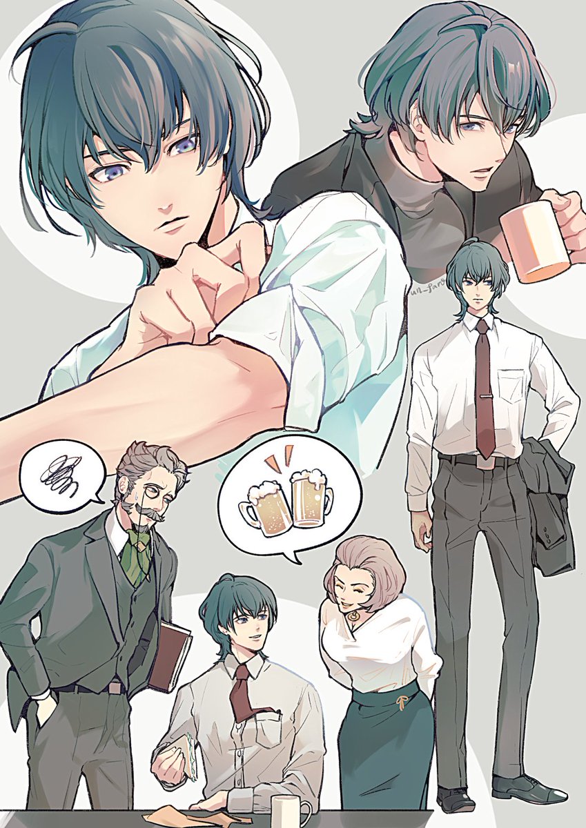 un faro, hanneman von essar, male byleth (fire emblem), manuela casagranda, fire emblem, fire emblem: three houses, nintendo, commentary request, highres, 1girl, 2boys, alternate costume, aqua skirt, arms behind back, beer mug, black pants, black shoes, black suit, blue eyes, blue hair, breasts, brown hair, buttons, closed eyes, collared shirt, contemporary, cup, facial hair, formal clothes, green necktie, grey hair, long sleeves, looking at another, male focus, medium breasts, monocle, mug, multiple boys, mustache, necktie, old, old man, pants, pocket, purple eyes, red necktie, shirt, shoes, short hair, simple background, skirt, sleeves rolled up, suit, table, white shirt
