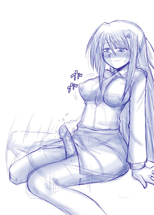 mitsurugi tsurugi, ginga nakajima, lyrical nanoha, mahou shoujo lyrical nanoha, mahou shoujo lyrical nanoha strikers, 00s, 1girl, censored, monochrome, mosaic censoring, pantyhose, penis, solo, thigh sex