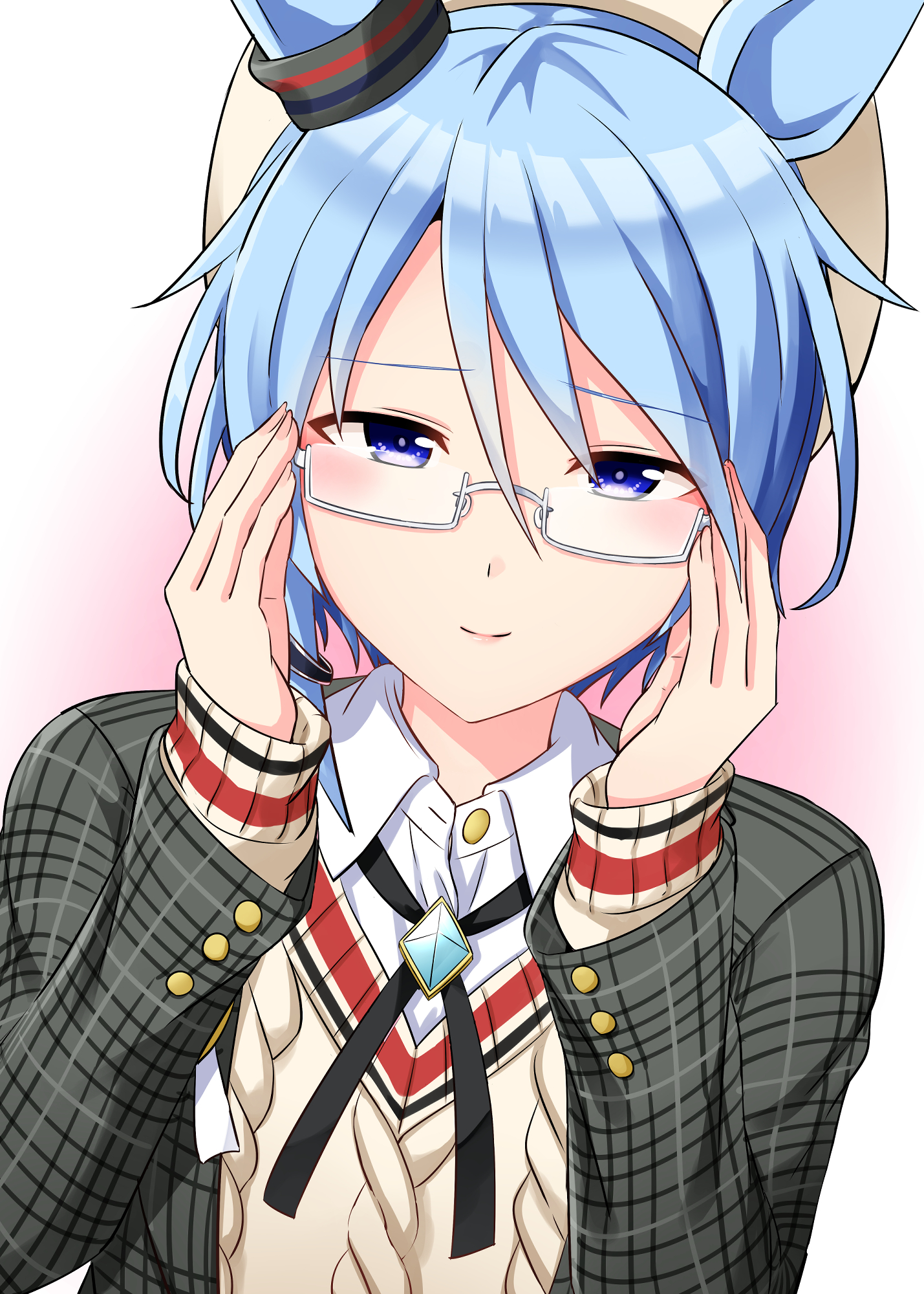 kamelie, k.s.miracle (umamusume), umamusume, highres, 1girl, adjusting eyewear, animal ears, bespectacled, black jacket, black ribbon, blue eyes, blue hair, glasses, grey sweater, horse ears, horse girl, jacket, long sleeves, looking at viewer, neck ribbon, plaid clothes, plaid jacket, ribbon, shirt, short hair, smile, solo, sweater, white shirt